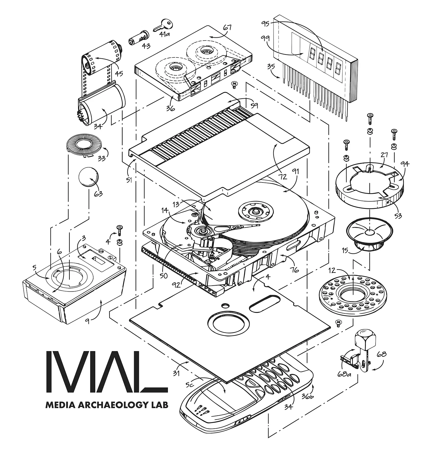 MAL Media Archaeology Lab (t-shirt design showing breakdown diagrams of various tech devices)